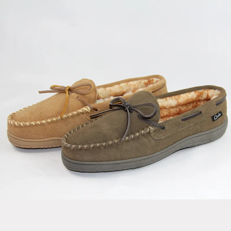 Classic Mens suede moccasin slippers with lace tied