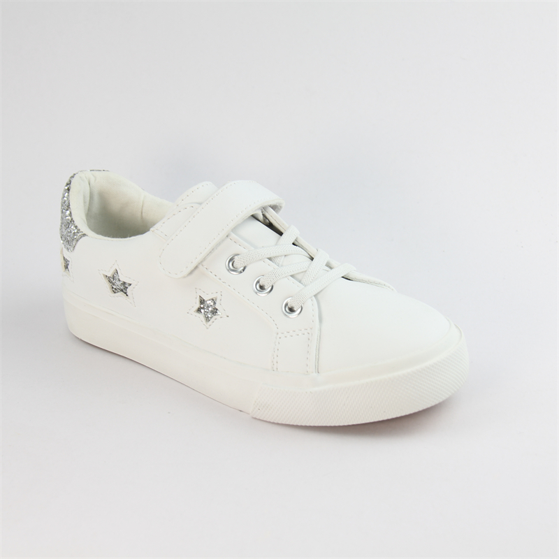 Kid&#039;s white Casual Sneaker with strap and Lace Up Vulcanized shoes