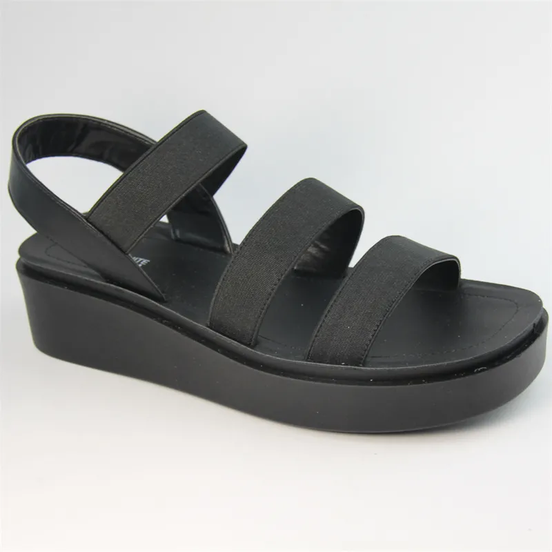 Womens black elastic straps sandal wedges heel