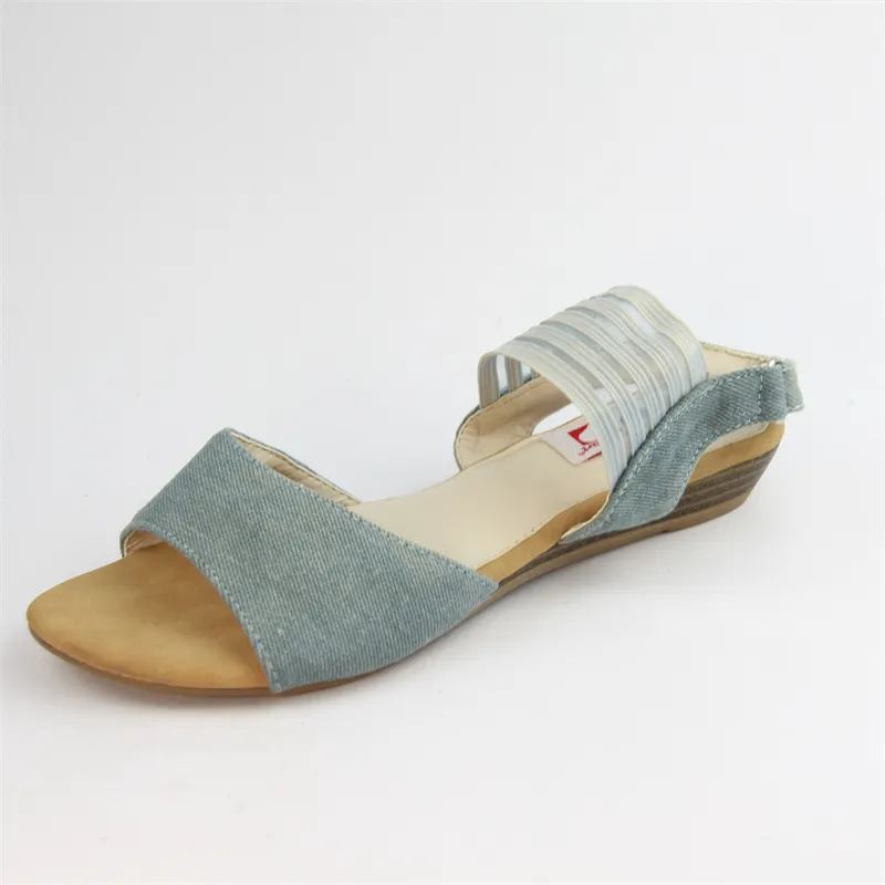 Ladies Denim Sandals with Velcro Straps low wedge sandal slippers