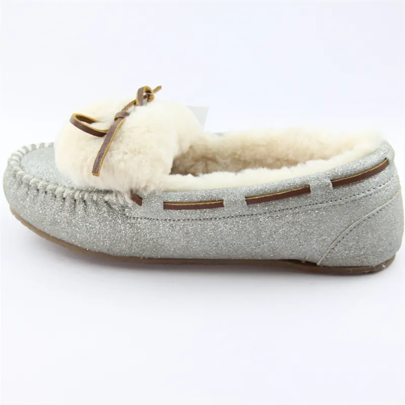 Womens Suede Moccasin slippers with shearling and leather lace