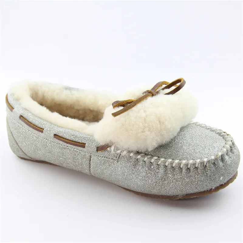 Womens Suede Moccasin slippers with shearling and leather lace