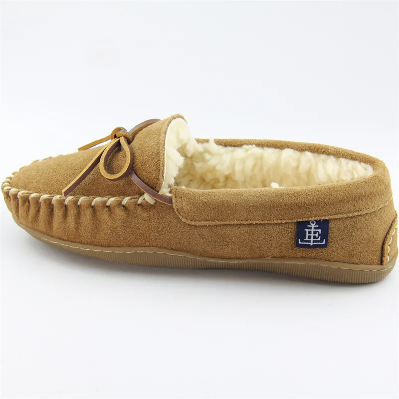 unisex cow suede moccasin slippers with shearling lining