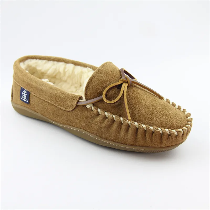 unisex cow suede moccasin slippers with shearling lining