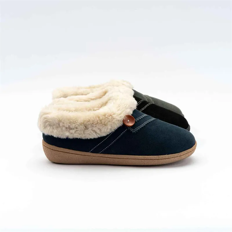 Womens Suede leather clog slippers with button