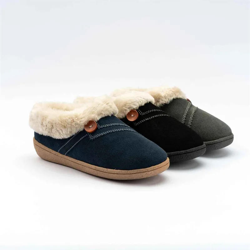 Womens Suede leather clog slippers with button