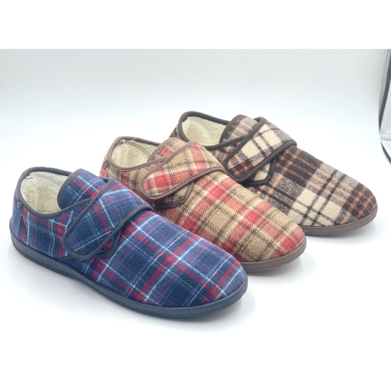 Mens Wide fit Touch Fasten slippers  plaid casual shoes