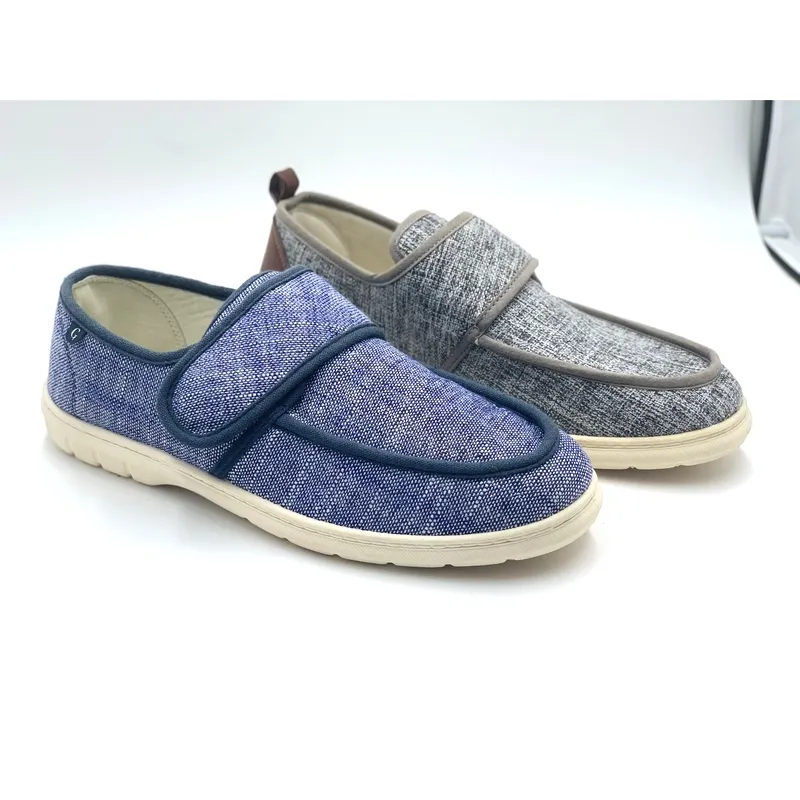 Mens solid slub fabric casual flat loafer summer moccasin with velcro