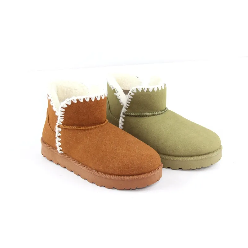 Womens Cowsuede Mini Boots Winter Snow Boots with decoration binding.