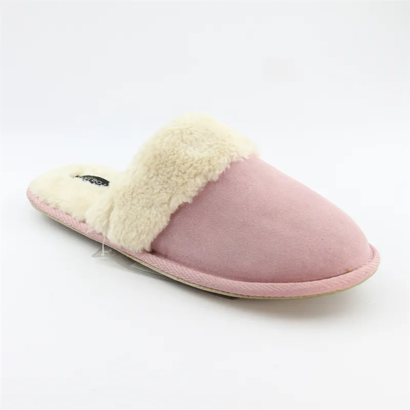 Women's suede leather slippers with plush mule slippers