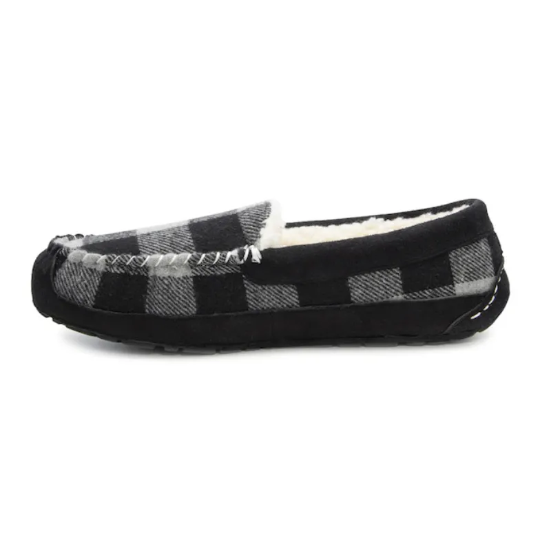 Men’s Black Plaid moccasin with leather trim decoration