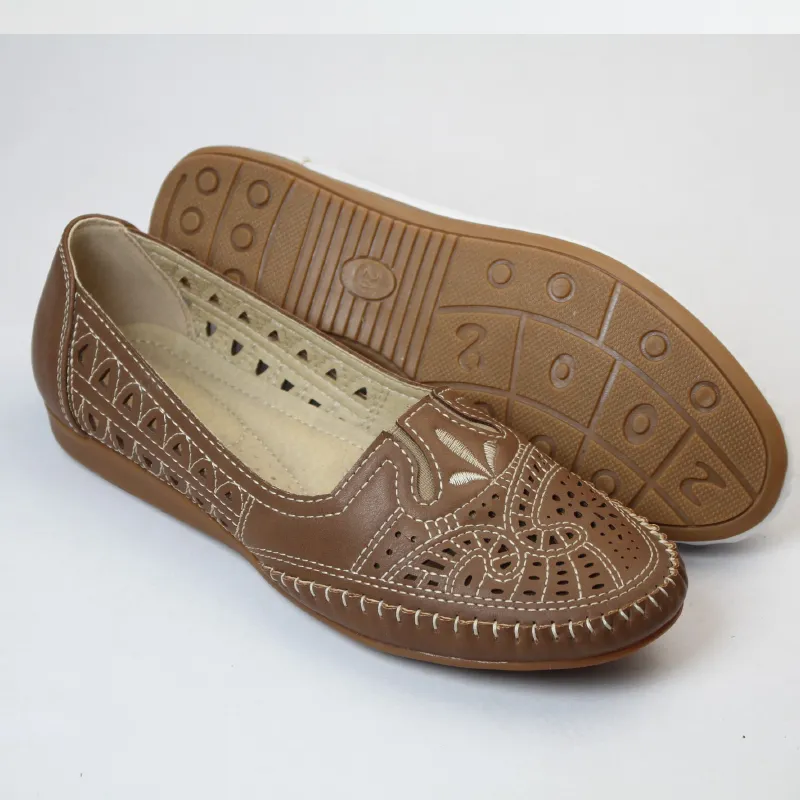 Women’s Comfort Slip On Flats Cut-out & Embroidered with Arch Support