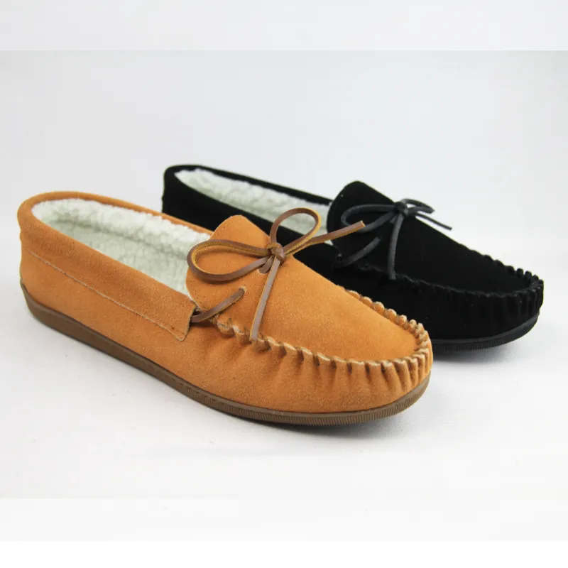 Womens cowsuede moccasin with leather lace tied  on