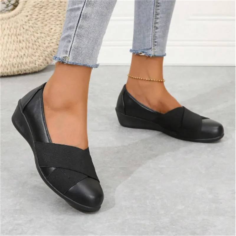 Womens leather round toe ballet flats loafers