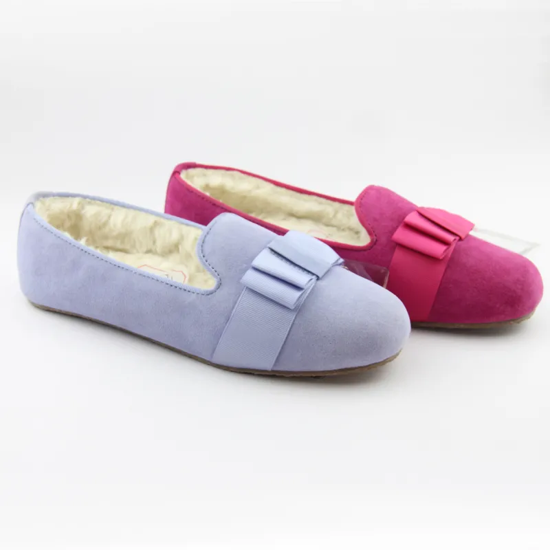 Womens suede leather ballet falts shoes with ribbon bow