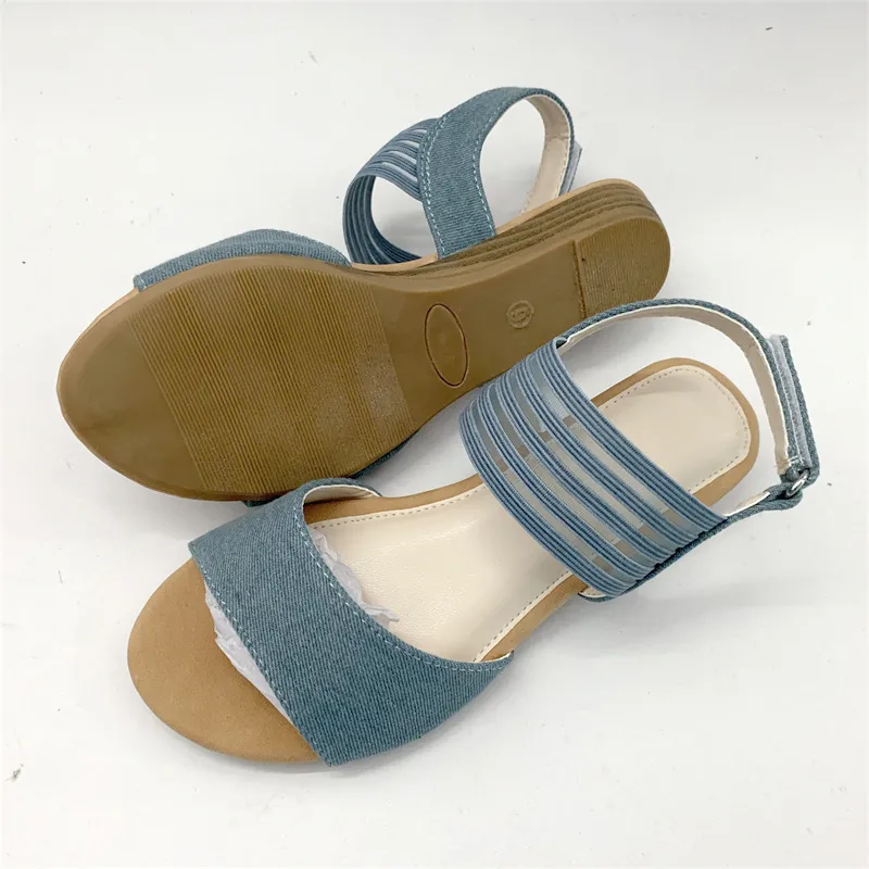 Ladies Denim Sandals with Velcro Straps low wedge sandal slippers