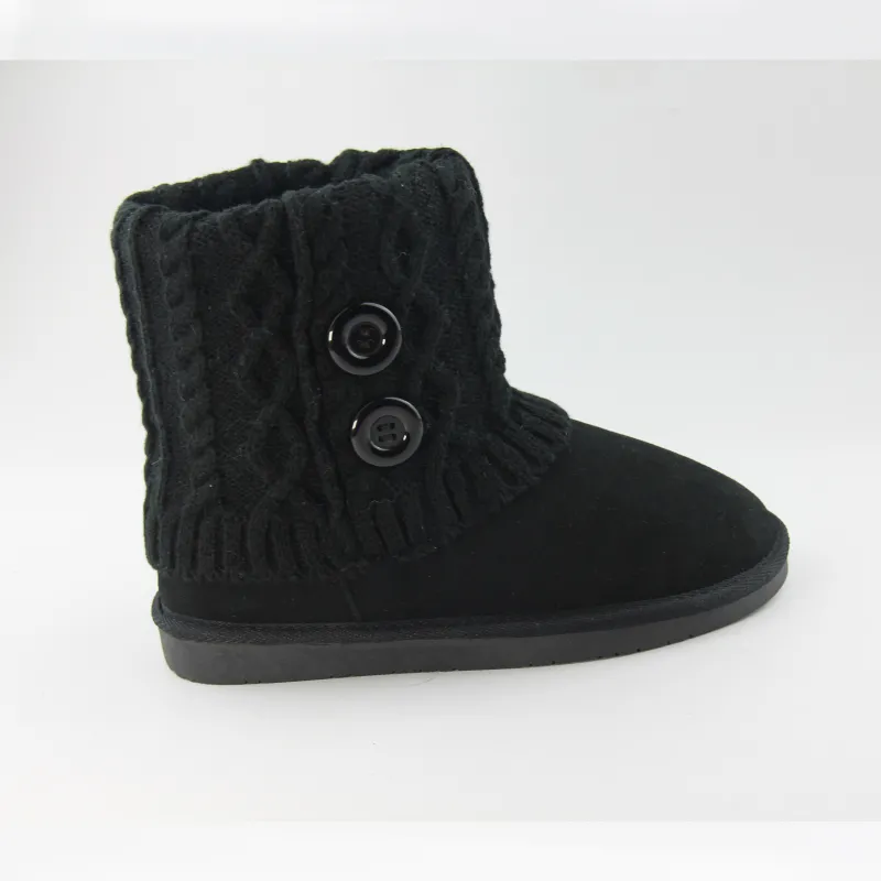 Womens Genuine Suede Mid Carf Snowy Boots with cable knit shaft and button