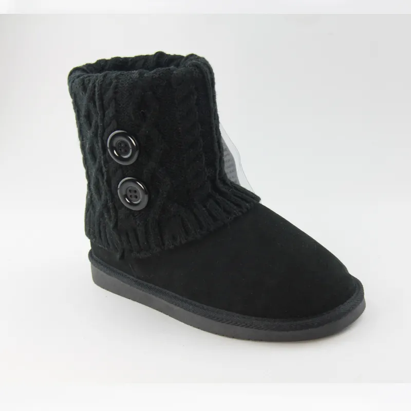 Womens Genuine Suede Mid Carf Snowy Boots with cable knit shaft and button