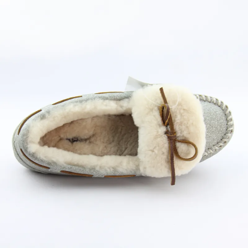 Womens Suede Moccasin slippers with shearling and leather lace