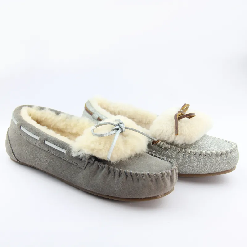 Womens Suede Moccasin slippers with shearling and leather lace