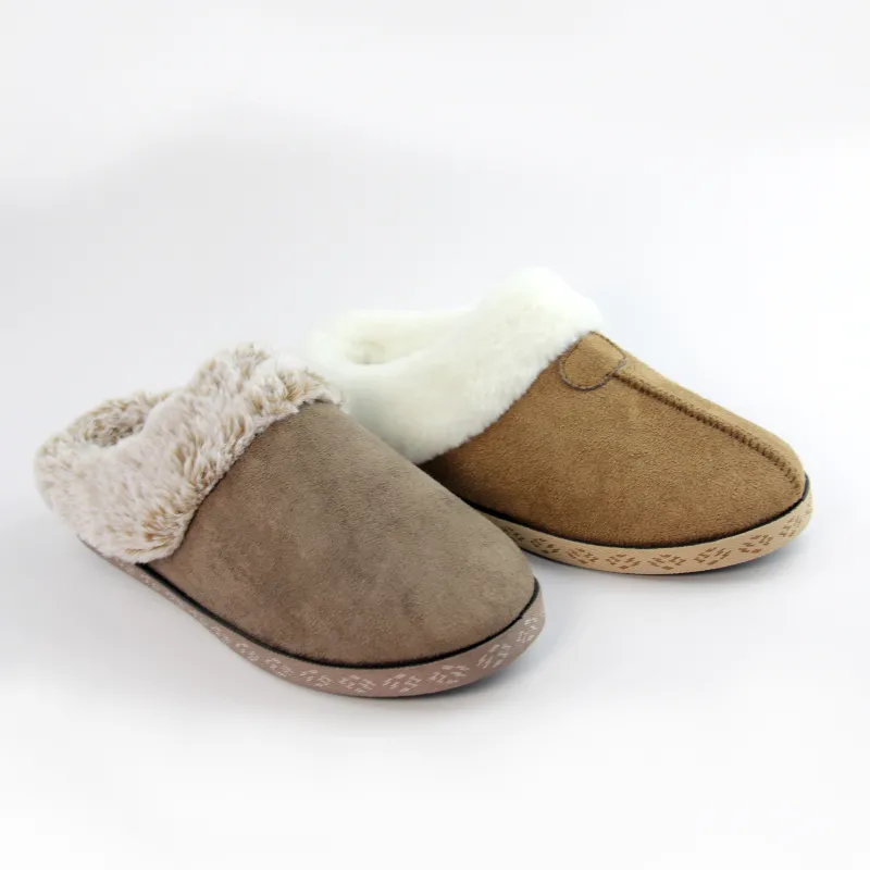 Women's Suede Clog slipper with fuax fur collar