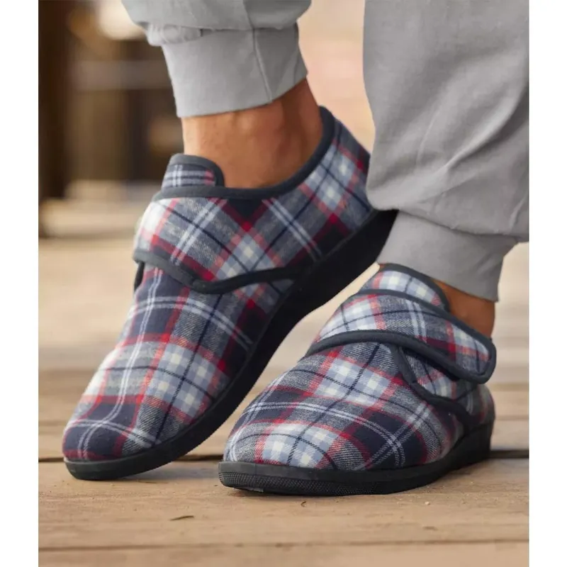 Mens Wide fit Touch Fasten slippers boots  plaid casual ankle boots