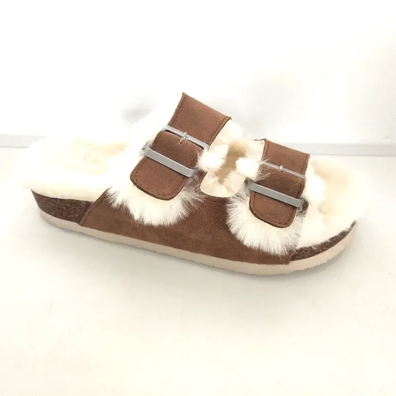 Unisex Shearling Lined Cork Footbed Straps Slipper Open Toe Sandals