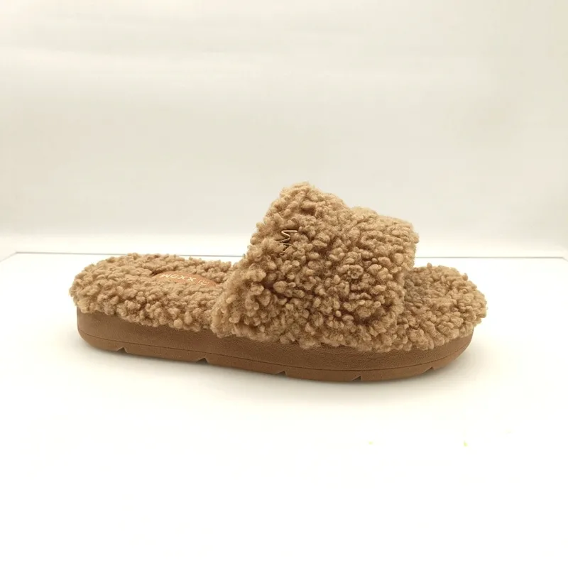 Womens Curly Sheepskin Slide Slipper Open Toe Sandals