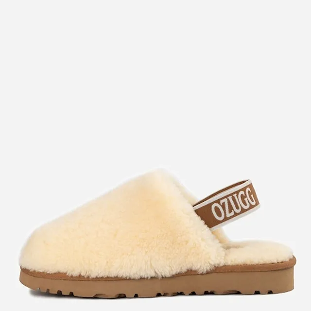 Womens Curly Sheepskin Slide Slipper shearling scuff with back strap