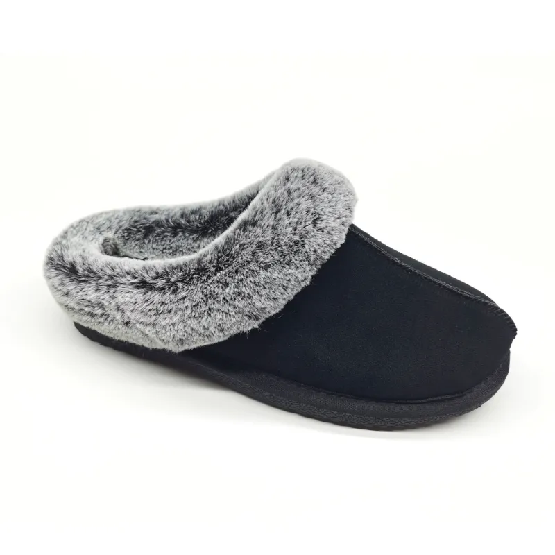 Women's Suede Clog slipper with fuax fur collar