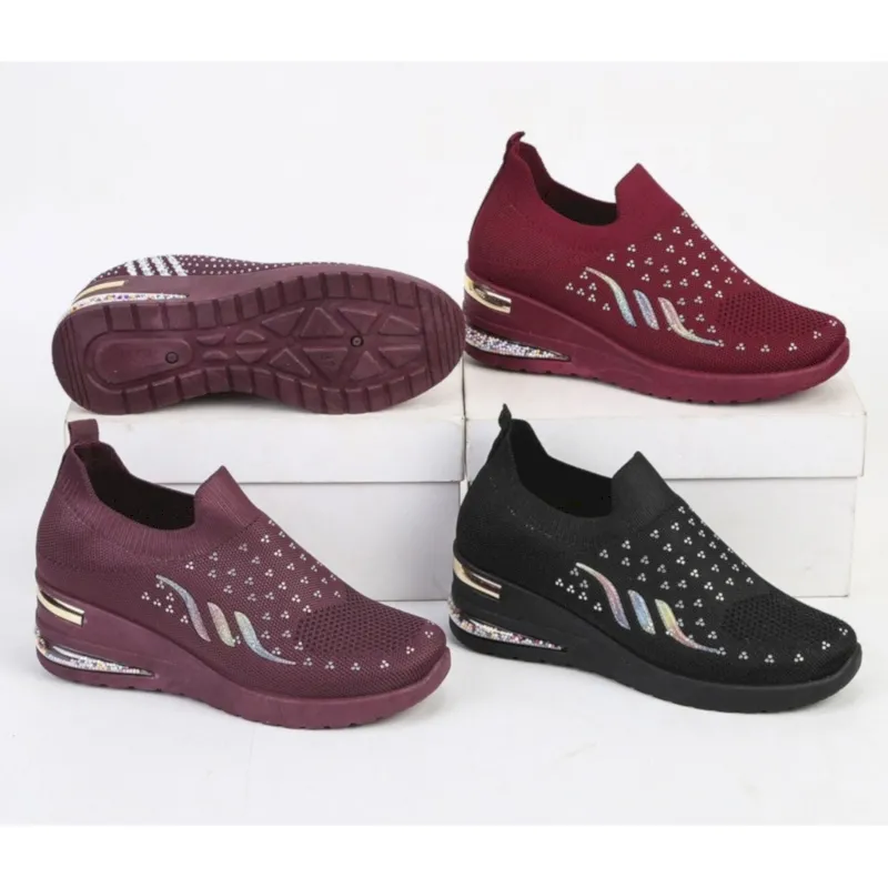 Wholesale Women's Crystal Printed Mesh Casual Wedges Shoes Comfortable Walking shoes